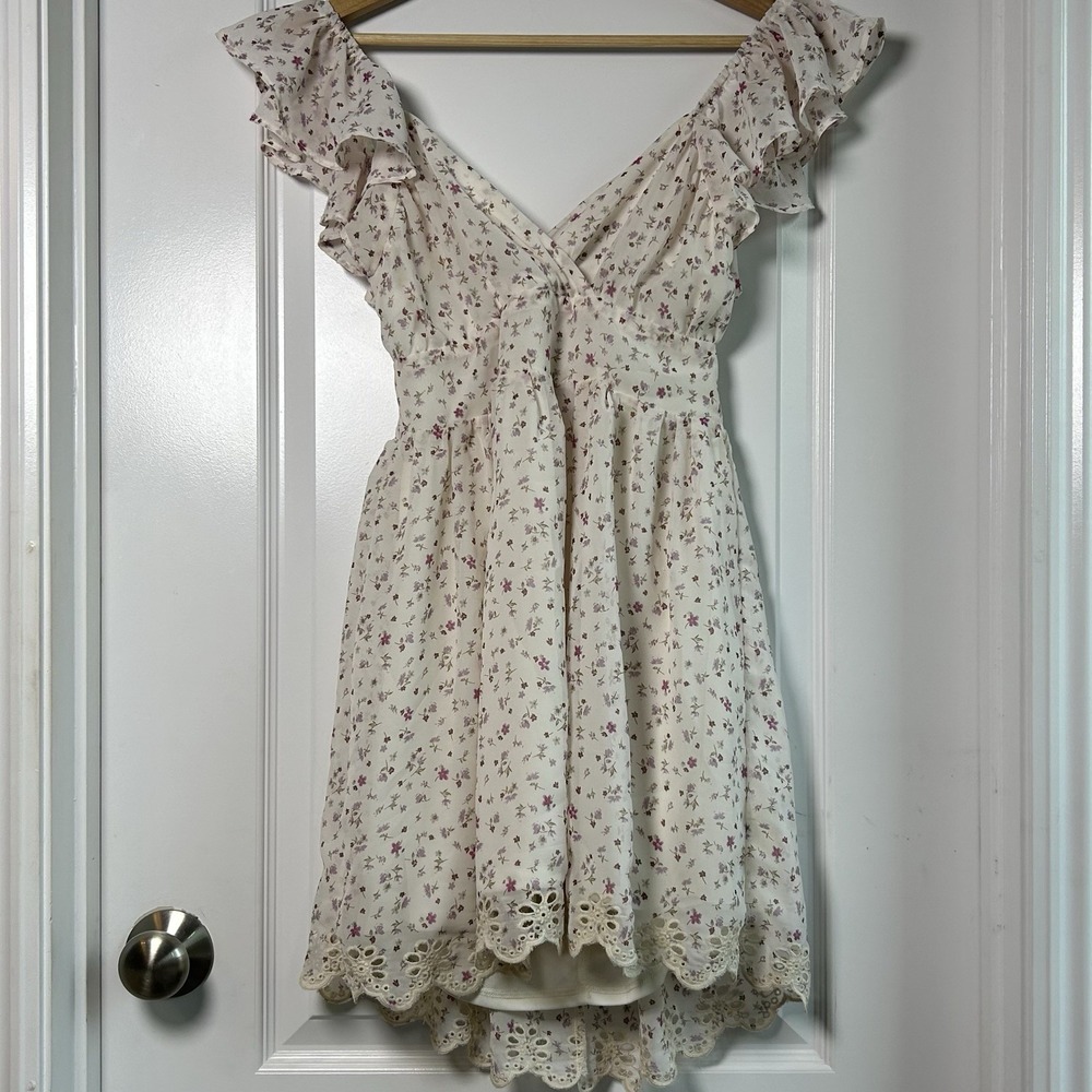 Altar'd State White Floral Ruffle Sleeve Open Tie Back Mini Dress Romantic Style